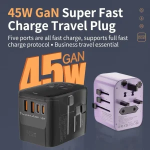 45W GaN Universal Travel Adapter with Multi-Plug Fast Charging Compatible with US UK EU AUS Standards for Laptops Phones Tablets
