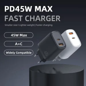 45W PD Fast Charger with Dual USB-C and USB-A Ports for Smartphones and Laptops