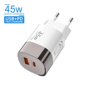 45W PD QC Fast Charger Adapter US EU UK Plugs Dual Port USB C USB A Portable Travel Power Charger for Phone Laptop Tablet