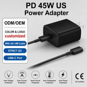 45W PD USB-C Wall Charger with 1.8 Meter 5A USB-C to USB-C Cable and Overcurrent Short-Circuit Protection