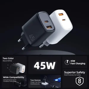 45W Type C PD USB A Fast Charger with OTP Protection and Fireproof Material for Mobile Phone & Laptop EU US Plug