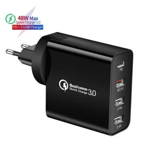 48W GaN 4-in-1 USB-C PD QC3.0 Wall Charger for Laptop