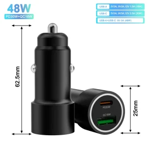 48W QC Fast Charging Aluminum Alloy Car Charger with Dual USB Type C Ports OTP Protection for Earphone Camera
