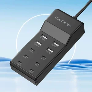 4A6C 10-Outlet USB and Type-C Power Strip Smart Office Laptop Multi-Charger for Phone Black with US UK EU Plugs