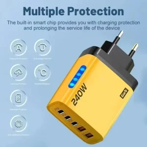 5 Ports 240W GaN Fast Charger USB C PD Charging Adapter Built-in Ambient Light