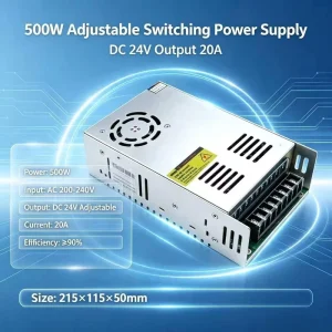 500W Adjustable Switching Power Supply DC24V 20A AC200 240V Input Overload Overcurrent Short Circuit Protection Industrial
