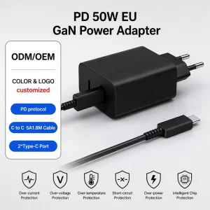 50W/25W Dual-Port USB-C GaN Wall Charger EU Plug with 5A 1.8M Cable and Multi-Protection PD