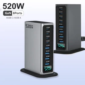 520W USB-C PD 100W GaN Desktop Charger with LED Display and OVP Protection for Laptops