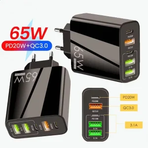 5Port 65W USB Wall Charger PD20W QC3.0 Fast Charging 2 Type C 3 USB A Multi Device Adapter EU US UK Plug for Phone Tablet Laptop