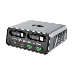 6 Port GaN Desktop Charger with Built in Retractable USB C Cable Multi Port Fast Charging Station for iPhone Laptop