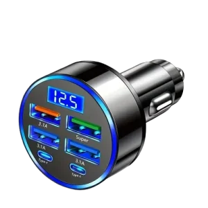6-in-1 Multi-Port Fast Charging Car Charger with LED Digital Display USB Type-C Ports for Universal Car Cigarette Lighter