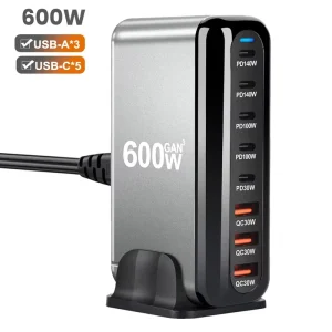 600W 5 USB C 3USB-A PD140W Charger Block GaN III 8-Port Fast Charging Station Hub PD 3.1 140W Laptop Charger Adapter
