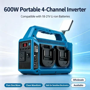 600W Pure Sine Wave Power Inverter AC 65W USB-C PD3.0 8W LED Light for 18V Power Tool Battery Camping RV Emergency