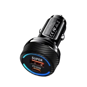 60W Car Charger PD30W QC3.0 Dual Port Super Fast Charging USB A Type C Adapter for Smart Watch Camera Laptop 5V 3A OVP OCP OTP