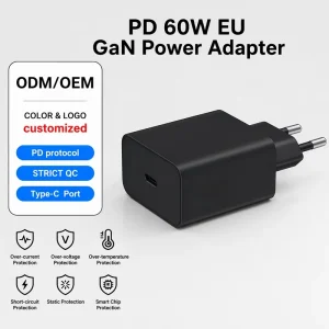 60W GaN Power Adapter EU Plug Single Port PD Fast Charging Wall Charger Thermal Protection Portable Travel Mobile Supply
