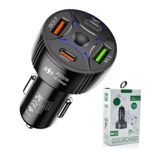 63W 4-in-1 USB Car Charger QC3.0 PD Type-C 4 Ports 3.1A Output Fast Charging Laptop Compatible ABS Material