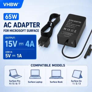 65W 15V 4A Power Supply Adapter with USB DC Ports for Surface Pro Laptop