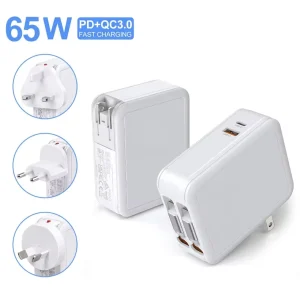65W 40W GaN 4-in-1 Fast Charger with Retractable Type C+IOS Cable Type-C &USB-A Multi-Port for iPhone Laptop Charger Adapter