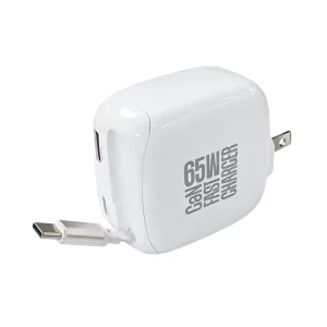 65W Fast Charger with Retractable Cable Foldable Plug USB C USB Ports QC3.0 PD3.0 SCP OTP Fireproof for Mobile Phone Earphone