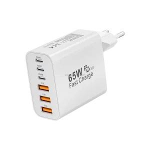65W GaN 6-Port PD3.0 USB-C USB-A Universal Travel Charger with EU Plug for Phones Tablets Headphones