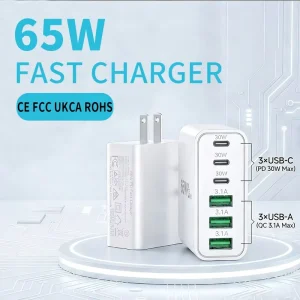 65W GaN Fast Charger 3 USB-C 3 USB-A PD3.1 Power Adapter Mobile Charger OVP Protection for Laptop Phone Tablet