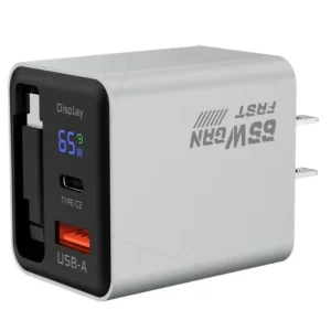 65W GaN Fast Charger Built-in Retractable Type-C Cable LED Digital Display USB-A Type-C PD QC3.0 Travel Wall Charger For Laptop