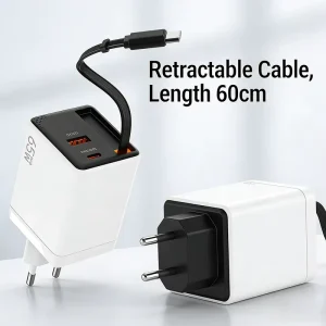 65W GaN PD USB-C Fireproof Universal Voltage Power Supply Adapter with Retractable Type-C Cable for Laptop Camera EU/UK Plug