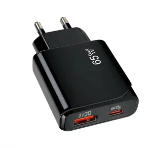 65W GaN QC3.0 PD Dual-Port USB-A and USB-C Power Adapter for Tablet