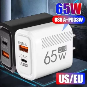 65W GaN USB Type-C Charger with US and EU Plugs, PD 3.0, and Travel Wall Charger for Phones