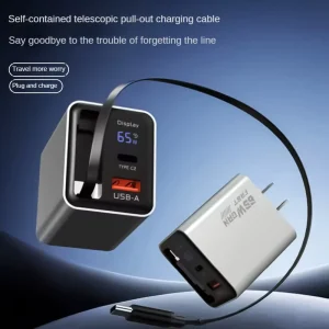 65W GaN Wall Charger Built in Retractable Type C Cable Smart Digital Display 3 Ports PD QC Fast Charger US EU UK Plug