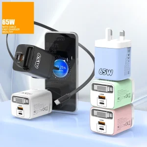 65W GaN Wall Travel Charger Adapter, Mini US/UK/EU Pin Plug, Retractable Cable, PD 3.1/3.0 Fast Charging