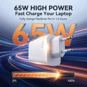 65W Laptop Charger Adapter, 3-Port Wall Charger, Dual Type-C PD + Single USB-A QC, PD65W