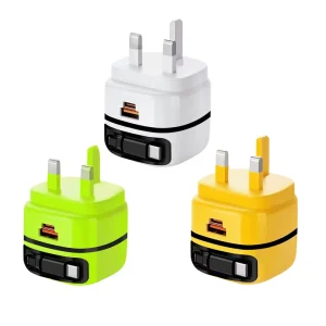 65W Multi-Port Fast Charger with Retractable USB-C Cable, EU/US/UK Plug for Laptop, Mobile Phones, Earphones, Tablets
