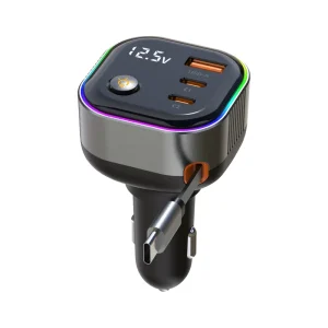 65W PD Retractable Cigarette Lighter Car Charger with Triple Port, USB-A, Dual USB-C, and Voltage Display for Cars and Trucks