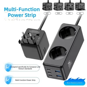 65W PD Universal Power Strip 3 AC Outlets 2 USB Ports Multi Nation Travel Adapter Socket for DE/FR/IT/KR 250V