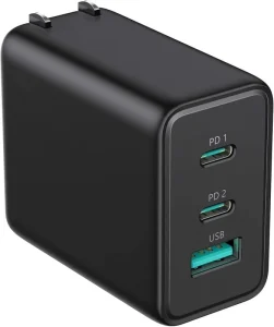65W USB C Fast Charger Block PD 3.0 GaN Wall Charger 3-Port Foldable for iPhone Galaxy MacBook Travel Adapter