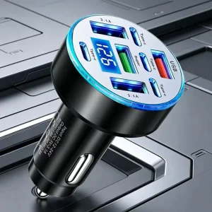 66W 8 Port USB-C PD Car Charger Type C Fast Charging Phone Car Adapter Digital Display Quick Car Adapter Type-C Car Charger