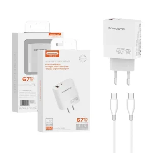 67W GaN Fast Charger with USB-C/A, QC3.0, PD, US Plug, and Travel Adapter
