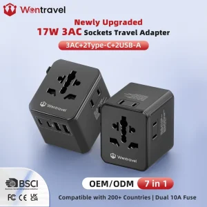 7 in 1 17W 2 Type C 2 USB 3AC Sockets Worldwide Universal Travel Adapter