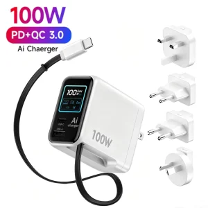 70W 100W GaN Fast USB Charger Type C Retractable Cable 3 Ports AI Smart Charging TFT Display Foldable Design