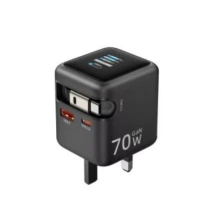 70W GaN Fast Charging USB C USB A Power Adapter QC PD Charger Cube with TFT Display Voltage Retractable Cable OTP Protection