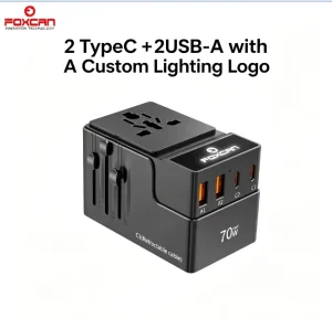 70W GaN PD Fast Charging Universal Travel Adapter Upgraded Version with Retractable USB-C Cable 2C2A Custom LED Logo