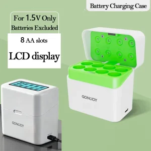 8 Bay Fast Charger Case AA AAA Lithium Li ion Rechargeable Batteries LCD Screen 15W Output LED Illumination Charging Stand