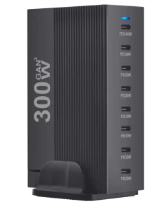 8-Port USB-C PD GaN Fast Charger Total 300W Output Max 100W Stand Desktop Hub Matte Housing LED PPS Protocol Universal Device