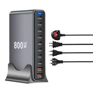 800W GaN 10 Port Desktop Charging Station Multi Port PD Fast Charger with US EU UK AU Plugs for Laptops & Phones