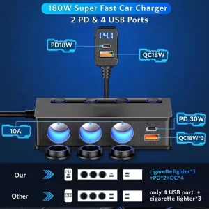 9 in 1 Cigarette Lighter Splitter 180W Car Charger Adapter for Starlink 3.0 Charge 3.3FT Cable 12V/24V Independent Switches