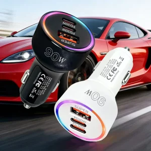 90W 3-Port USB Car Charger QC3.0 PD30W Type-C Car Power Adapter for Mobile Phones and Car-Mounted Devices
