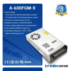 A-600FGM 600W Industrial AC-DC PSU 12V 24V 48V Withstand 305VAC Surge for Electromechanical Control and Laser CE RoHS