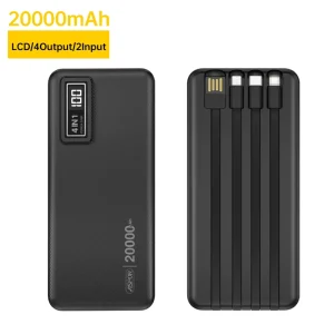 A301 20000mAh Power Bank with 4 Built-in Cables, LCD Display, 12W Output, and Li-Polymer Battery