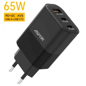 ASPOR 65W GaN USB C 3 Port Fast Charger PD3.0 PPS QC3.0 Foldable Travel Adapter for Laptop Tablet Phone Electric